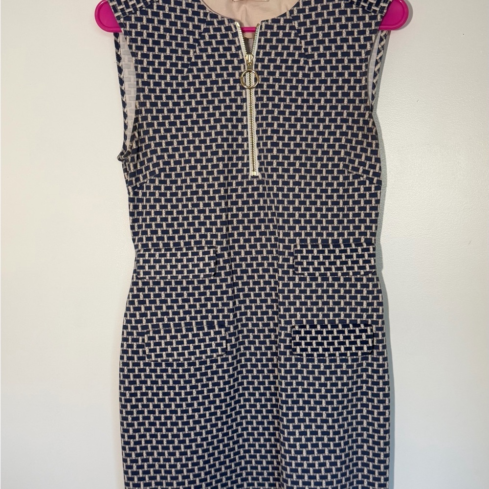Tory Burch Navy and Cream Geometric Midi Sheath Dress